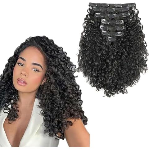 ABH AMAZINGBEAUTY HAIR Curly Clip in Hair Extensions Invisible Messy Curly Real Human Hair Clip in Extensions for Women, 7Pcs 120g 16 Inch, Natural Black Cover