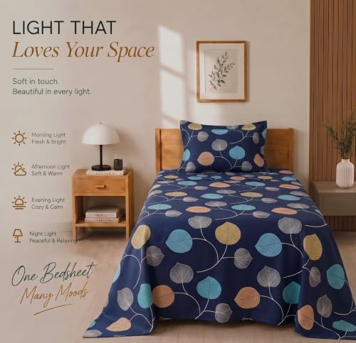 Image of BSB HOME 210 TC Cotton Feel Single Bedsheet with 1 Pillow Cover, Soft & Breathable Floral Printed Bed Sheet, Fade Resistant, Bedding for Home & Bedroom, 60 x 90 Inches (152 x 229 cm) (Deep Indigo)