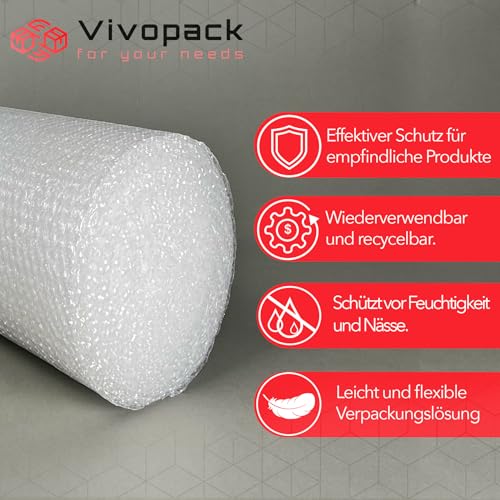 Vivopack Luftpolsterfolie Rolle 50my, Verpackungsmaterial, Noppenfolie, Bubble wrap, Verpackungsfolie ideal als Verpackungsmatierial: Luftpolsterfolien oder Umzugsfolie für Möbel (40cm x 10m)