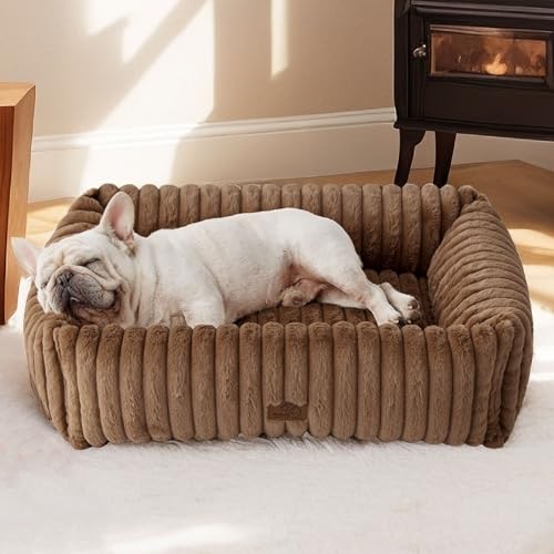 Image of Bedsure ComfyFleece Cute Dog Bed Medium Large Size Dog,30in Camel Brown | Furry Puppy Beds,Square Washable Orthopedic Corduroy Aesthetic Pet Beds,Removable Zipper Cover,Non-Slip Bottom,Up to 40 Lbs