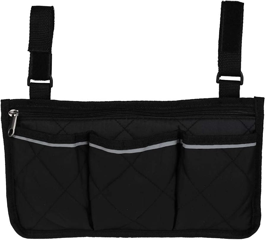 ODOMYWheelchair Side Bag Armrest Accessories Storage Bag with Pouches Hang on Side with Bright Line Waterproof Organizer for Wheelchair Walker Pouches Walkers Electric Scooters Mobile Chairs (Black)