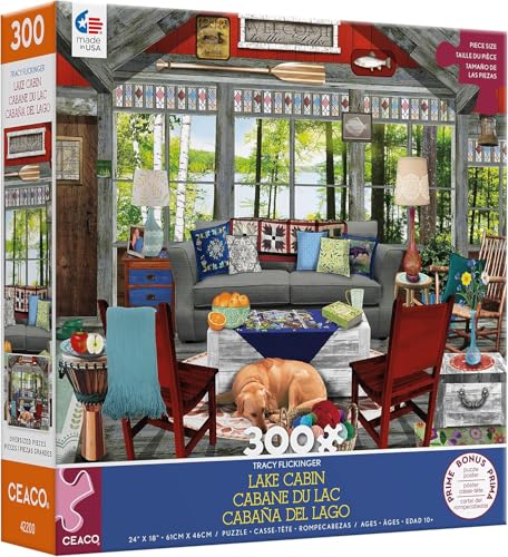 Ceaco - Lake Cabin - Rompecabezas Grande de 300 Piezas para Adultos | Arte de Tracy Flickinger, Hecho en USA, Tamaño Terminado 24 x 18 in, Incluye Póster, Ideal para Regalo y Enmarcar miniatura 1