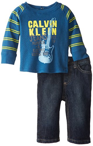 Calvin Klein Baby-Boys Newborn Blue Tee with Stripes Sleeves and Jeans