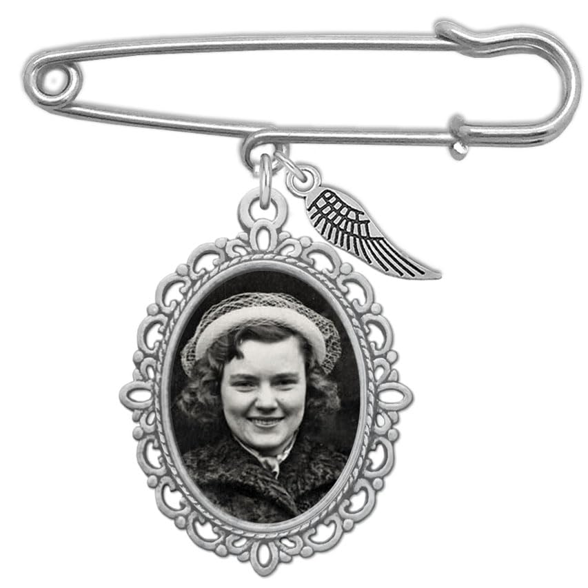 Wedding Bouquet Photo Charm Oval Boutonniere Pin with Guardian Angel Wing and Photo Resizing Software for Groom Bride or Family