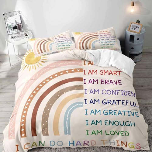 LUVIVIHOME 3PCS Boho Rainbow Duvet Cover Full Bedding Set, Teen Girls Bedding, Cute Colorful Arch Sun Neutral Aesthetic Positive Inspirational Motivational Gifts Kids Comforter Cover, 2 Pillow Cases