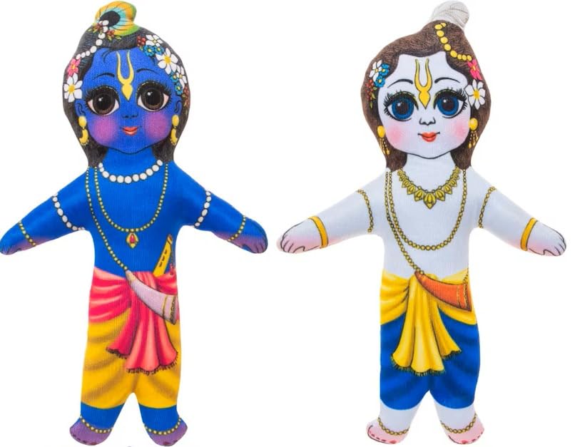 Image of Krishna Balram Soft Plush Toys for Kids 7.5 Inches Washable Divine Dolls, Pack of 2 | Cute and Cuddly Plush Toys for Children, Home Decor, and Spiritual Gifting