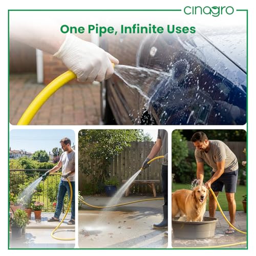 Image of Cinagro 50 Meter 0.5 Inch Garden Foam Hose Pipe, Made of PVC Powder Compound, Non-Toxic, Durable & Flexible, Comes with Tap Connector & 3 Clamp for Watering Garden, Cleaning, 164 Ft, Neon Yellow