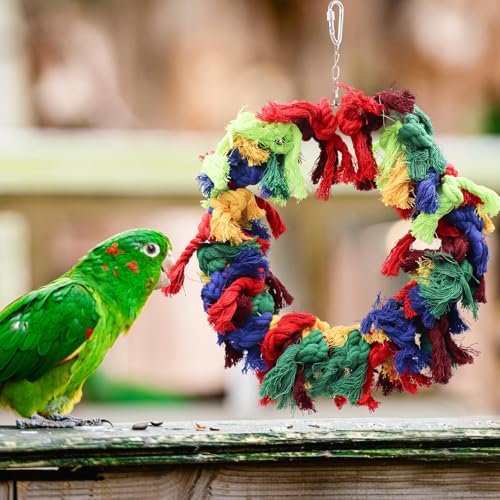 Image of Bird Ring Swing Toys, Bird Perch Stand Toy, Colorful Cotton Rope Parrot Chewing Toys, Bird Cage Accessories for Birds Parrots Cockatiels Parakeets