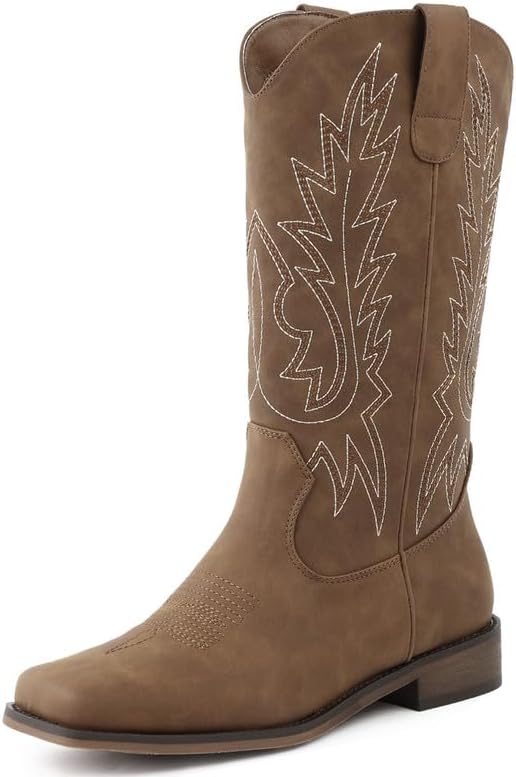 FancyQueen Cowboy Boots for Women - Square Toe Cowgirl Boots, Mid Calf Western Boots with Embroidery, Pull On Chunky Heel for Daily Wear - Image 7