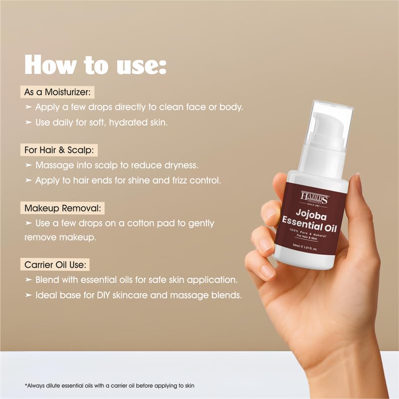 Image of Habibs Pure Jojoba Carrier Oil - 100% Organic, Cold-Pressed for Balanced Skin, Hair & Acne Control 30ML