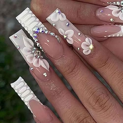 Foccna White Press on Nails Artificail Extra Long, French Square