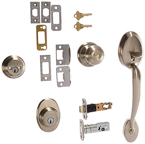 Schlage F62PLY619GEO Satin Nickel Plymouth Double Cylinder Handleset with Georgian Interior Knob from the F-Series