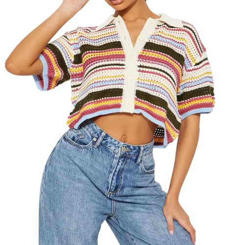 Chevara Women’s Striped Crochet Sweater Cardigan Short Sleeves Polo Collared Sweater Tops3