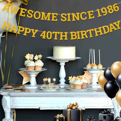 Image of Awesome Since 1986 Banner, Gold Glitter Happy 40th Birthday Banner Pre-Strung 40th Birthday Decorations for Anniversary Party Decor Supplies