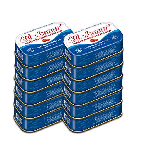 Canned Sardines Tomato Sauce - Canned Mediterranean Sardines without Heads from El Manar - 12-Pack of 125g Cans (Tomato Sauce)