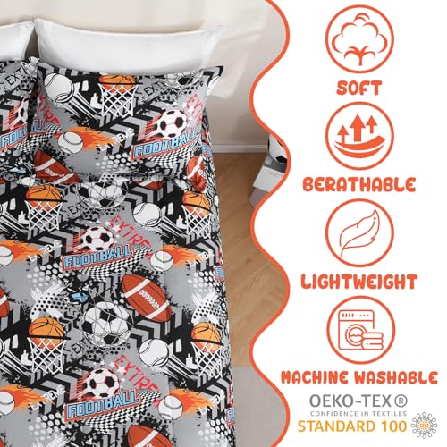 Image of Yibeizi Grey Sports Comforter Set for Boys Twin Baseball Bedding
