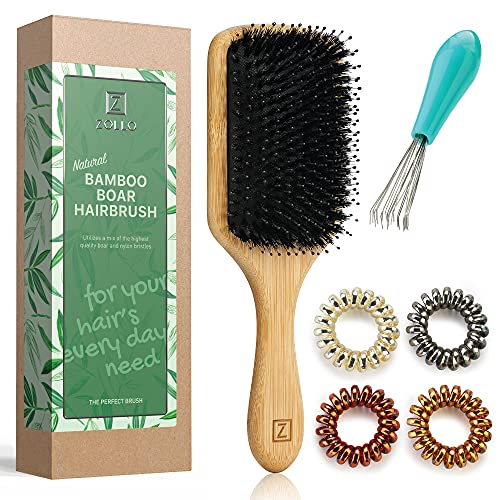 Natural Boar Bristle Hair Brush for Women, Men, Kids; Paddle, Dry and Wet Detangling Hair Brush Gently Enhances Shine, Smooths Frizz and Prevents Breakage in Fine and Straight, Thick and Curly Hair