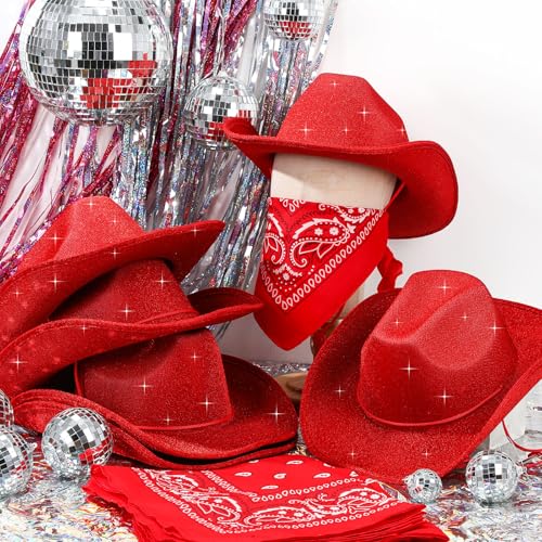 Image of Coume 12 Pcs Sparkly Adults Cowboy Hat and Bandanas Women Men Western Glitter Cowgirl Party Hats with Adjustable Drawstring