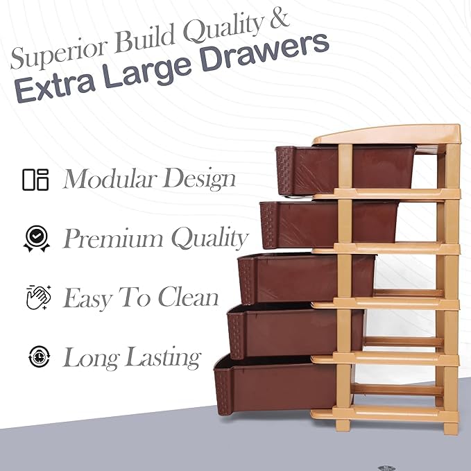 Image of KITCHIVO Plastic Modular Drawer Storage Chest Of Drawers Organizer Storage Box, Large Stomo Racks For Multipurpose Anti-slip Shoes Organizers (Brown, 5 Layer)