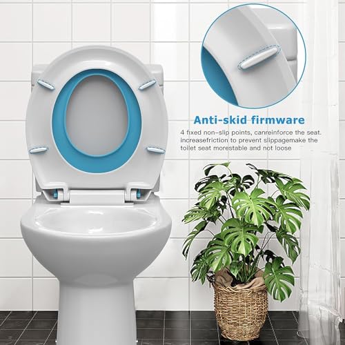Round Toilet Seat with Built in Potty Training Seat, Potty Training Toilet Seat for Toddlers, Magnetic Kids Seat and Cover, Slow Close and Never Loosen, Fits both Adult and Child, Blue Round