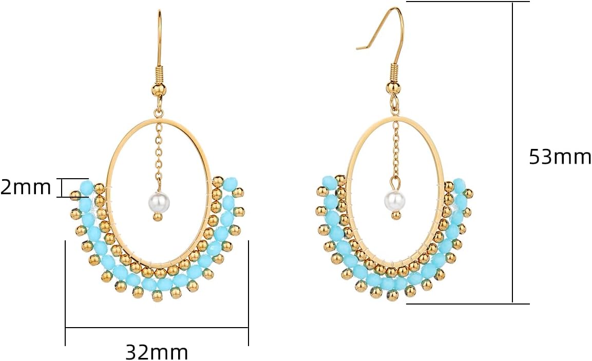 Beads Hoop Earrings for Women 18K Gold Plated Handmade Large Hoop Dangle Earrings Gemstone Crystal Jewelry Gift for Her