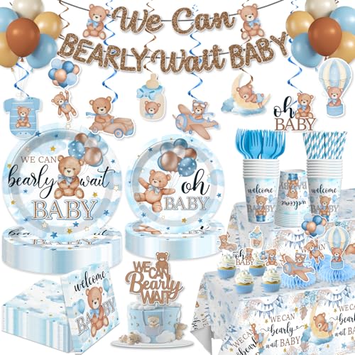 366PCS Blue Baby Shower Decorations Serves 50, Boy Baby Shower Include Banner, Plates, Balloons, Cake Topper and Tablecloths, for Baby Boy Shower Decorations