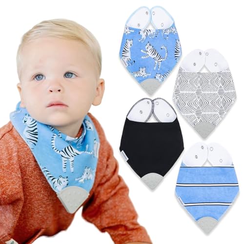 Bazzle Baby Bandana Teething Bibs 4-Pack – Cotton Drool Bibs for Boys &amp; Girls, Silicone Teether for Teething Relief, Adjustable &amp; Absorbent Baby Bibs for Drooling (Zion)