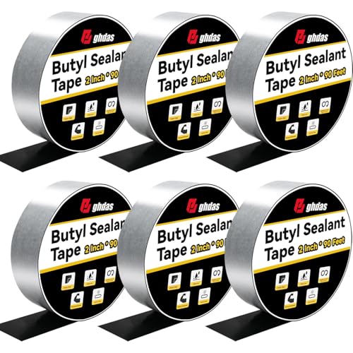 Image of Bghdas - 6 Pack Butyl Sealant Tape 2 inch X 90' - Double Sided - Black Vapor Barrier Butyl Tape for Wall of Crawl Space, Rv Windows, Deck Boat, Crawlspace (Waterproof, Weatherproof)
