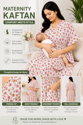 Image of Noty Women's- Kaftan | Maxi | Maternity | Feeding | Delivery Gown- Cotton Fabric- V Neck | Floral Print | 2 Pockets | Midi