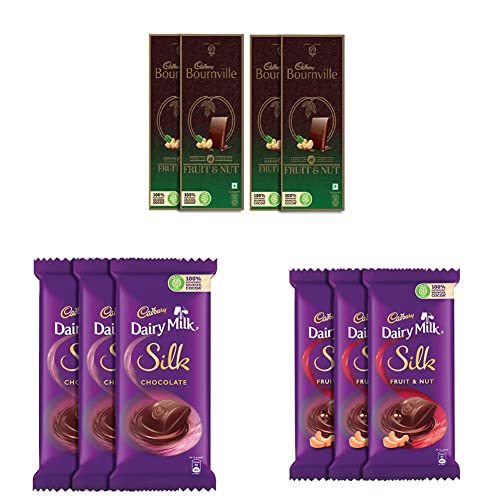 Image of Cadbury Bournville Raisin & Nuts Dark Chocolate Bar, 80 Gram (Pack Of 4) & Dairy Milk Silk Chocolate Bar, 150G (Pack Of 3) & Dairy Milk Silk Fruit & Nut Chocolate Bar, 137G (Pack Of 3)