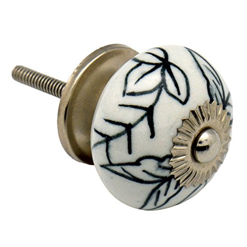 Nicola Spring Ceramic Cupboard Drawer Handle Knobs - Floral Design - Black/White Leaves - Pack of 6, Black Leaves - Image 4