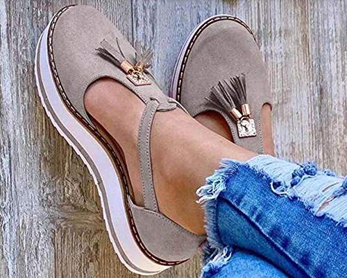 JFFFFWI Sandalias de Moda para Mujer Zapatos Sandalias de Cuero con borlas Zapatos con Hebilla de Punta cerrada Sandalias de gamuza Zapatos Casuales de Verano para oficina en casa para Mujer, Gris,