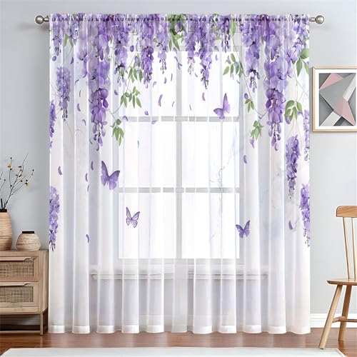 Odot Rideau Voilage Semi Occultant Salon, Imprimé Papillon 3D Rideaux Voilages Passe Tringle Rideaux Voile Semi Transparent 1 Pièce Rideau Occultant Fenêtre...
