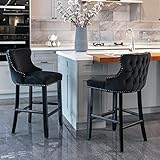 i-POOK Counter Height Bar Stools Set of 2, Velvet Upholstered Barstools with Solid Wood Legs, Button