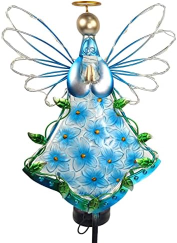 COOZZYHOUR 38Inch Angel Solar Garden Lights Outdoor Decorative - Solar Metal&Glass Angel Blue Hydrangea Flower Stake Lights- Waterproof 30 Warm White LED for Remembrance Gifts