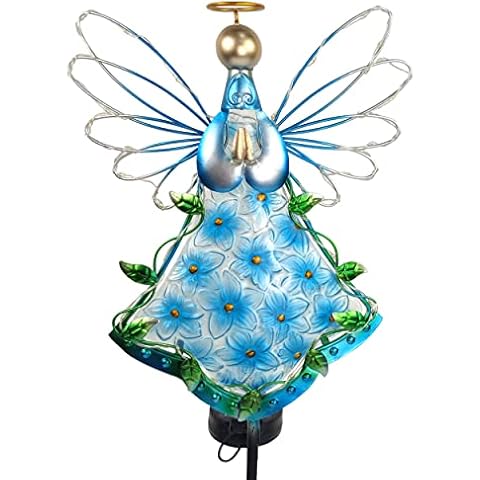 COOZZYHOUR 38Inch Angel Solar Garden Lights Outdoor Decorative-Metal&Glass Angel Hydrangea Flower Garden Stake Lights- Waterproof 30 Warm White LED for Remembrance & Sympathy Gifts（Blue） Cover