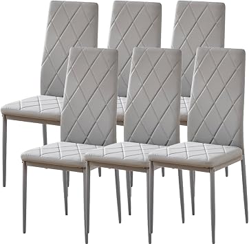 Grey PU Leather Dining Chairs Set of 6 High Back with Metal Legs for Dining Room Kitchen, Side Chairs for Restaurant Office Meeting Home/Commercial 6, Grey Argyle Leather