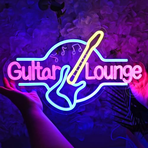 Image of Britrio Guitar Neon Sign Wall Art Decor Lounge Live Music Studio Band Room Home Office Bedroom Man Cave Bar Club Light Up Rock Roll Sign Wedding Birthday Party Gift 16.5 IN