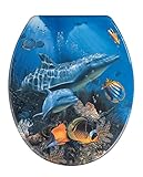 WENKO WC-Sitz Sea Life, Toilettensitz mit Hygienebefestigung aus rostfreiem Edelstahl, Toilettenbrille aus antibakteriellem Duroplast, 37,5 x 45 cm