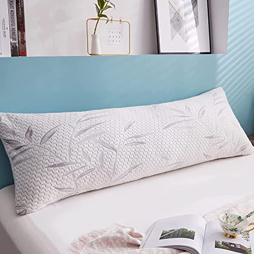 WhatsBedding Memory Foam Body Pillow for Adults with Zipperd Rayon Derived from Bamboo Cover, Breathable Long Pillow for Side Sleeper, Shredded Memory Foam Stuffing, Grey Leaf