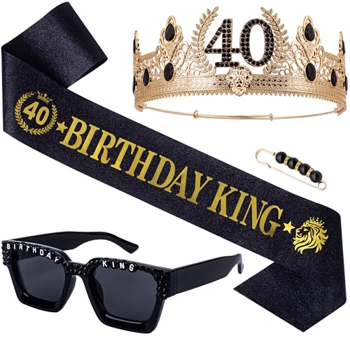Bravo West 3 pcs 40th Birthday Gifts for Men Set,Gold and Black Birthdays King Crown and Sash,40 Year Old Birthday Glasses for 40th Birthday Decorations for Men and Him