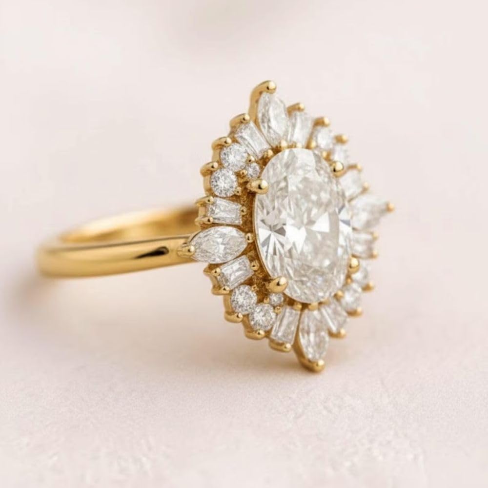 Silvart 2 Ct Oval Cut Diamond Sunburst Cluster Halo Ring Art Deco 14K Yellow Gold Plated Elegant Proposal Engagement Ring 925 Sterling Silver Handmade Personalized Anniversary Ring Christmas Gift