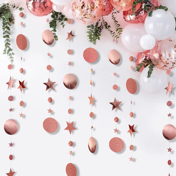 Image of Rose Gold Party Decoration Rose Gold Star Circle Dot Hanging Garland Hanging Streamer Decorations Glitter Star Bunting Banner Backdrop for Wedding Anniversary Baby Shower Birthday Christmas