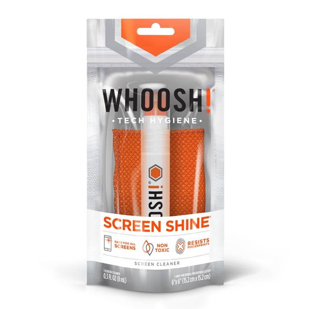 Whoosh! Screen Shine Pocket-Detergente Spray per Schermi 8ml, Con Panno in Microfibra Antimicrobico Antigraffio, Antipolvere e Atossico, Rimuove lo Sporco, Macchie e Batteri da qualsiasi Dispositivo