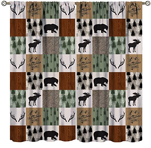 Llylumty Rustic Bear Deer Blackout Curtains,Countury Farmhouse Hunting Wild Animal Bear Elk Deer Boho Arrows Buffalo Plaid Window Tratment Brown Green 42x45 Inch
