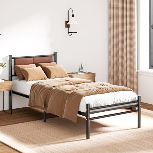 Sismplly Twin XL Bed Frames with Wooden Headboard, Heavy Duty Platform Bed with 12 inches Under Bed Storage, Black Metal Support System, No Box Spring Needed, Mahogany