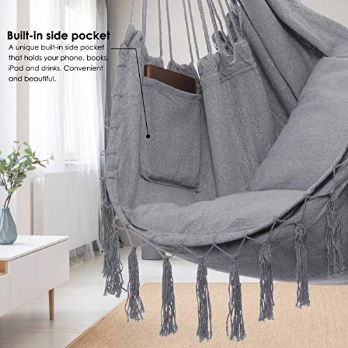 Y- STOP Hammock Chair Hanging Rope Swing-Max 330 Lbs-2 Cushions Included-Large Macrame Hanging Chair with Pocket- Quality Cotton Weave for Superior Comfort,Durability (Light Grey)