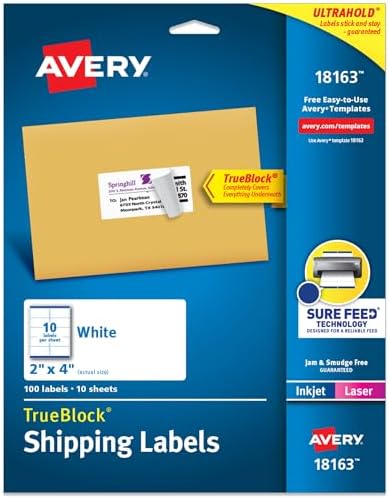 Avery Shipping Labels for Laser and Inkjet Printers, White, 2 x 4 Inches, Pack of 100 (18163)
