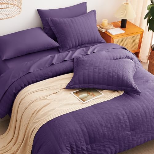Image of CozyLux Full Size Comforter Sets Purple, 7 Pieces Seersucker Textured Luxury Bed in a Bag, All Seasons Soft Bedding Sets with Down Alternative Comforter, Sheets, Pillowcases & Shams, Bedroom Bed Set