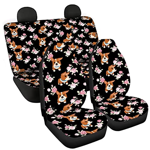 Image of Modysero Cartoon Corgi Rose Print Car Seat Cover Full Set Novelty Soft Elastic All Season Automotive Seat Cover for Women Universal Auto Seat Cover Accessories Fit Most Cars Vehicles